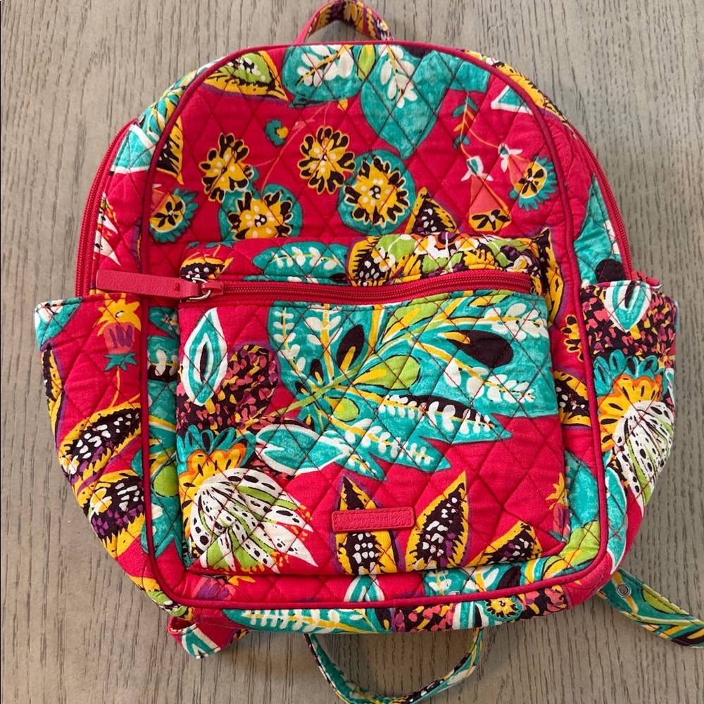 Vera Bradley Bright Red Quilted Floral Mini Backpack with Turquoise Accents